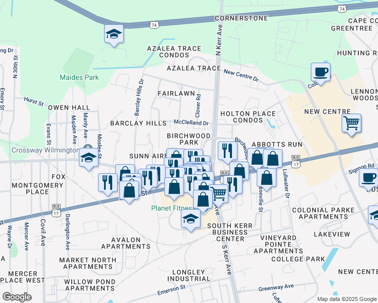 map of restaurants, bars, coffee shops, grocery stores, and more near 4295 Birchwood Dr in Wilmington