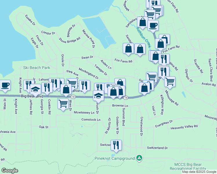 map of restaurants, bars, coffee shops, grocery stores, and more near in Big Bear Lake