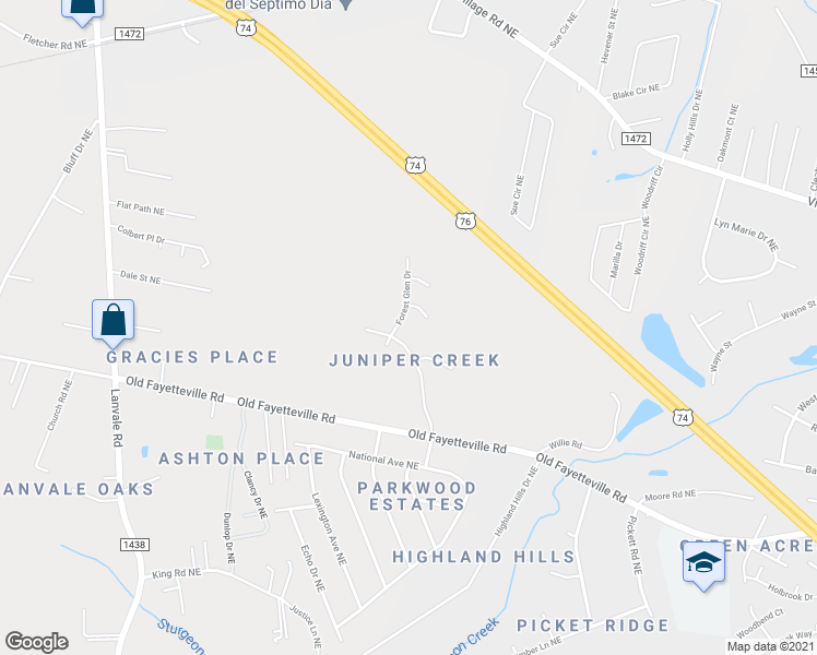 map of restaurants, bars, coffee shops, grocery stores, and more near 1103 Forest Glen Drive in Leland