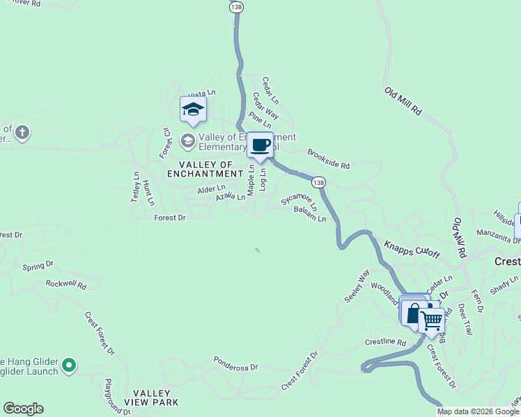 map of restaurants, bars, coffee shops, grocery stores, and more near 23001 Azalia Lane in Crestline