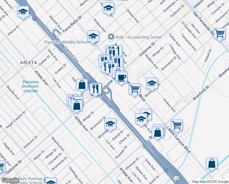 map of restaurants, bars, coffee shops, grocery stores, and more near 9627 Remick Avenue in Los Angeles