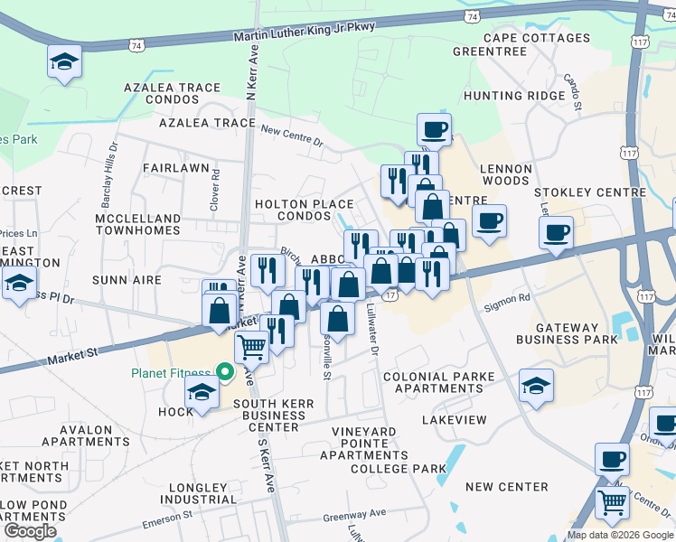 map of restaurants, bars, coffee shops, grocery stores, and more near 4713 Market Street in Wilmington