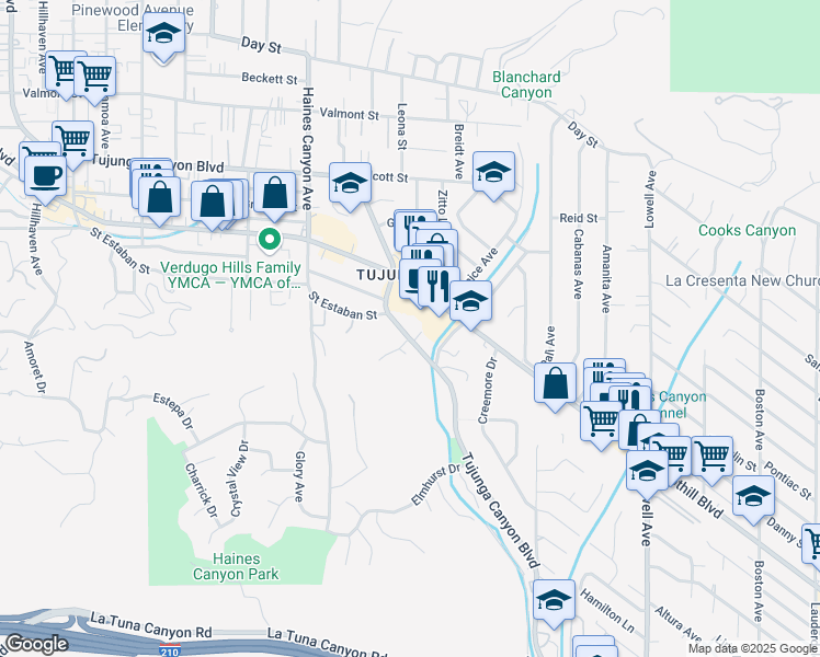 map of restaurants, bars, coffee shops, grocery stores, and more near 9738 Tujunga Canyon Boulevard in Los Angeles