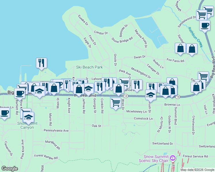 map of restaurants, bars, coffee shops, grocery stores, and more near 421 Eureka Drive in Big Bear Lake