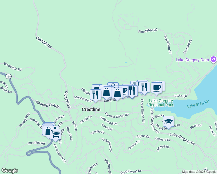map of restaurants, bars, coffee shops, grocery stores, and more near 23822 Zuger Drive in Crestline
