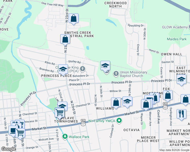 map of restaurants, bars, coffee shops, grocery stores, and more near 506 North 25th Street in Wilmington