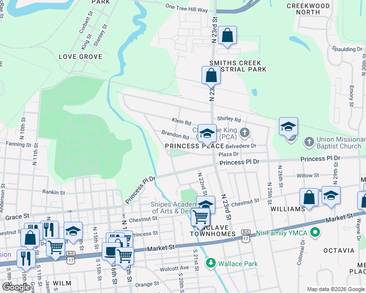 map of restaurants, bars, coffee shops, grocery stores, and more near 2216 Brandon Road in Wilmington