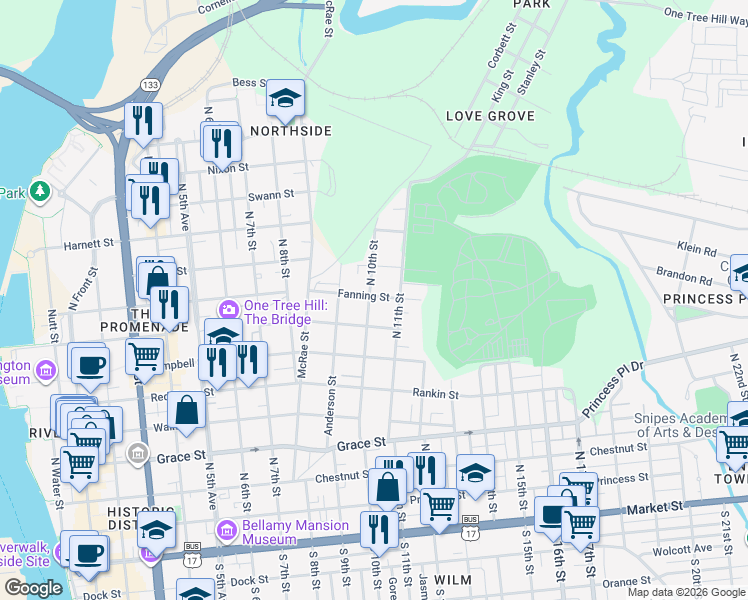 map of restaurants, bars, coffee shops, grocery stores, and more near 801-899 North 10th Street in Wilmington