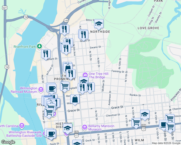 map of restaurants, bars, coffee shops, grocery stores, and more near 802 North 7th Street in Wilmington