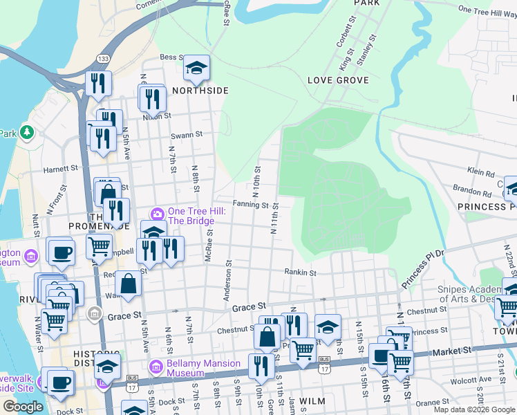 map of restaurants, bars, coffee shops, grocery stores, and more near 801-899 North 10th Street in Wilmington