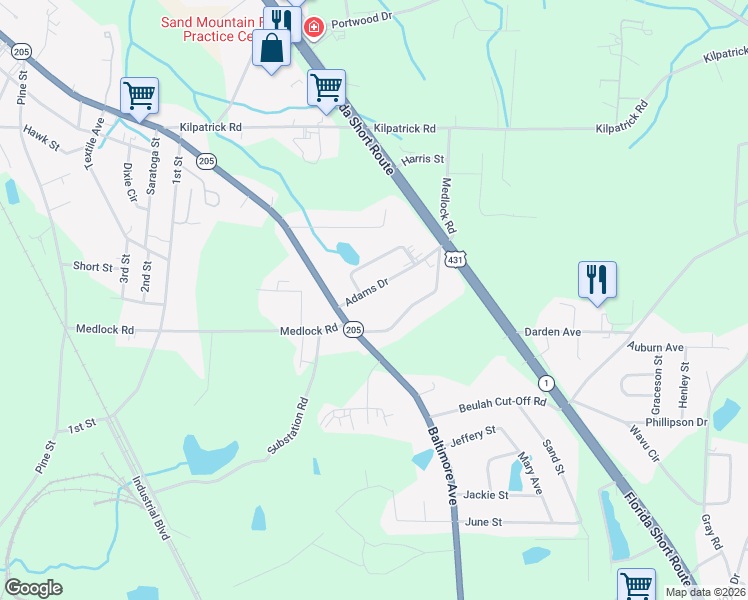 map of restaurants, bars, coffee shops, grocery stores, and more near 114 Adams Drive in Albertville