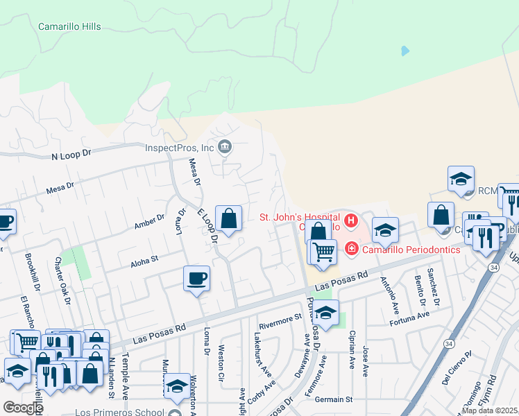 map of restaurants, bars, coffee shops, grocery stores, and more near 242 Alosta Drive in Camarillo