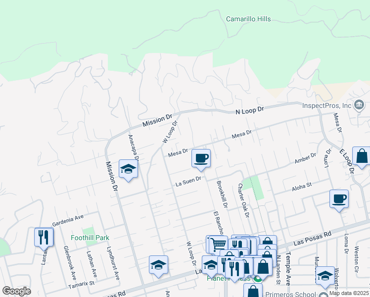 map of restaurants, bars, coffee shops, grocery stores, and more near 155 Mesa Drive in Camarillo