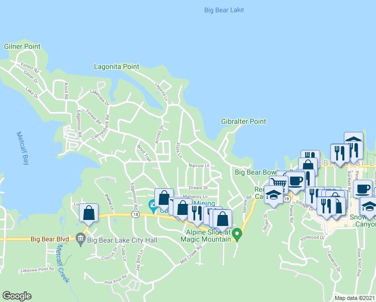 map of restaurants, bars, coffee shops, grocery stores, and more near 432 Temple Lane in Big Bear Lake