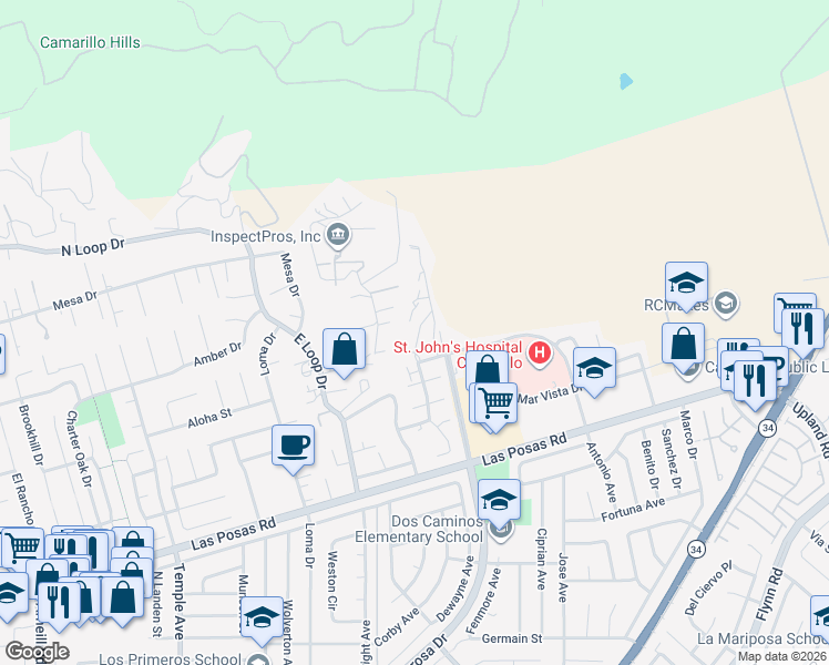 map of restaurants, bars, coffee shops, grocery stores, and more near 2623 Antonio Drive in Camarillo