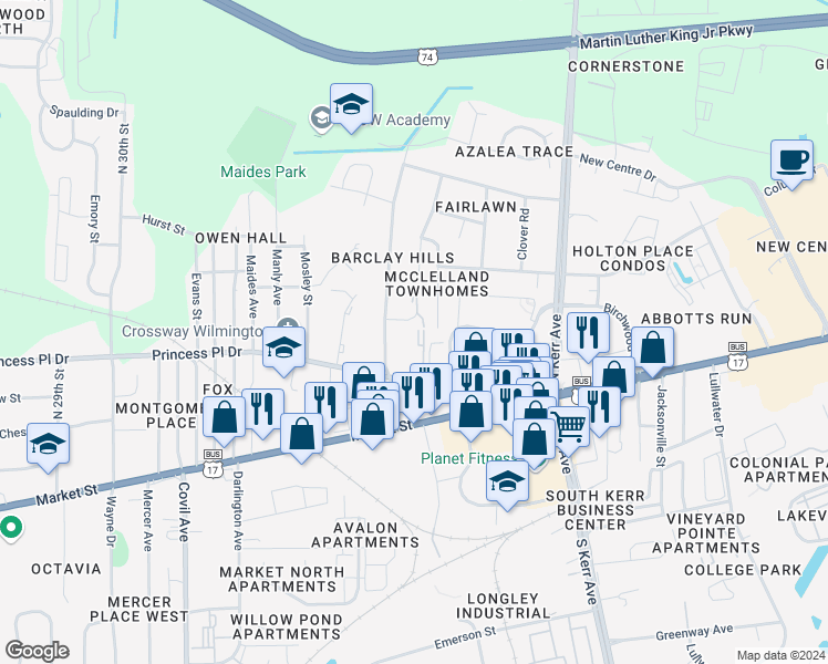map of restaurants, bars, coffee shops, grocery stores, and more near 217 Sunn Aire Court in Wilmington