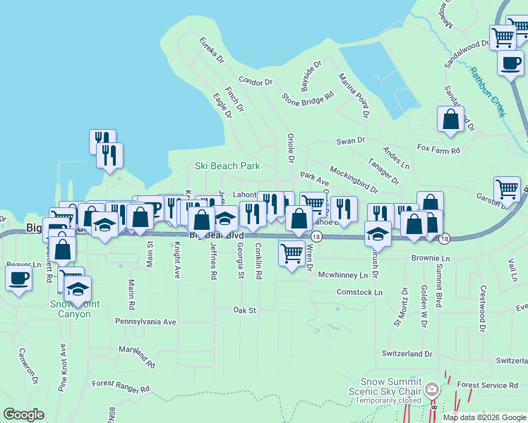map of restaurants, bars, coffee shops, grocery stores, and more near 425 Conklin Road in Big Bear Lake