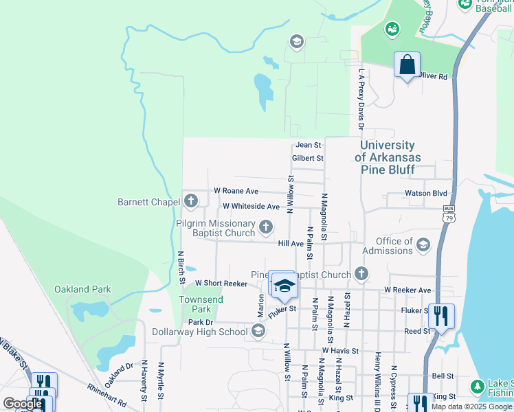 map of restaurants, bars, coffee shops, grocery stores, and more near 2703 West Whiteside Avenue in Pine Bluff