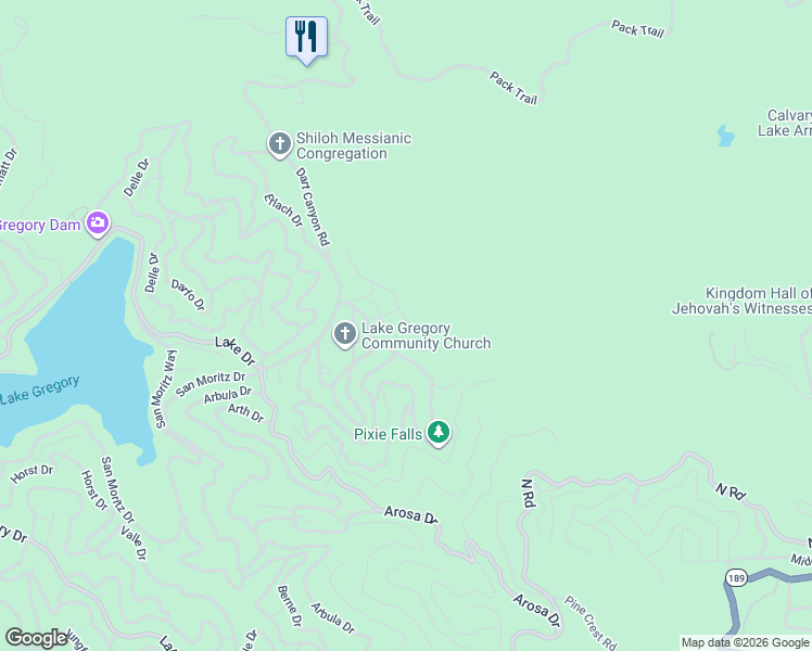 map of restaurants, bars, coffee shops, grocery stores, and more near 25118 Moon Drive in Crestline