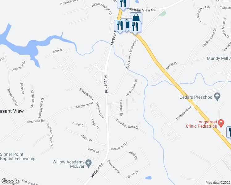 map of restaurants, bars, coffee shops, grocery stores, and more near 5740 Old Flowery Branch Road in Oakwood