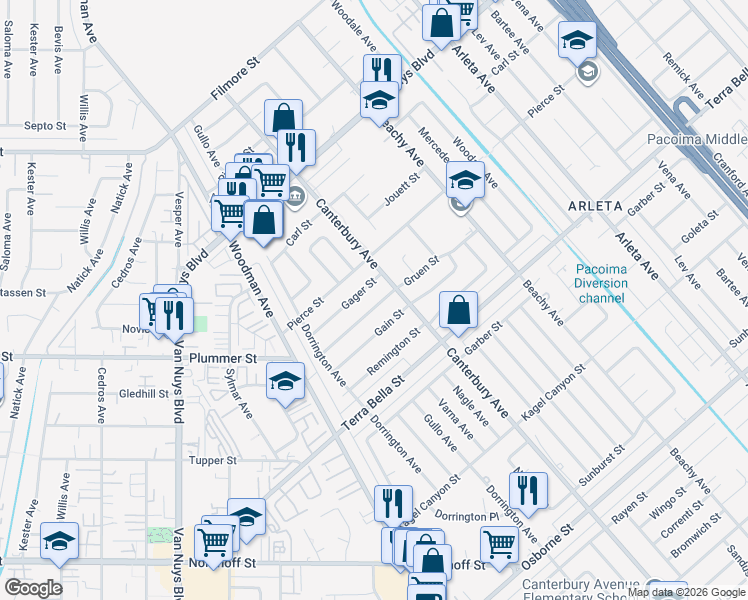 map of restaurants, bars, coffee shops, grocery stores, and more near 14157 Gruen Street in Los Angeles