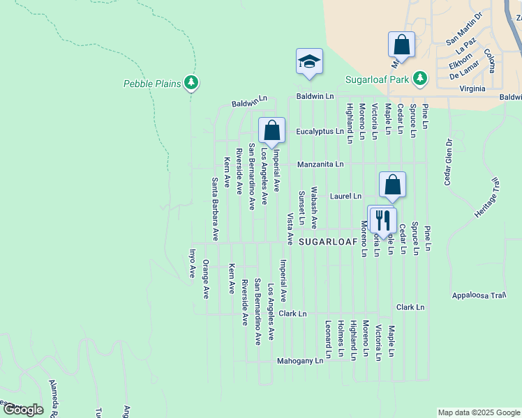 map of restaurants, bars, coffee shops, grocery stores, and more near 410 Los Angeles Avenue in Big Bear