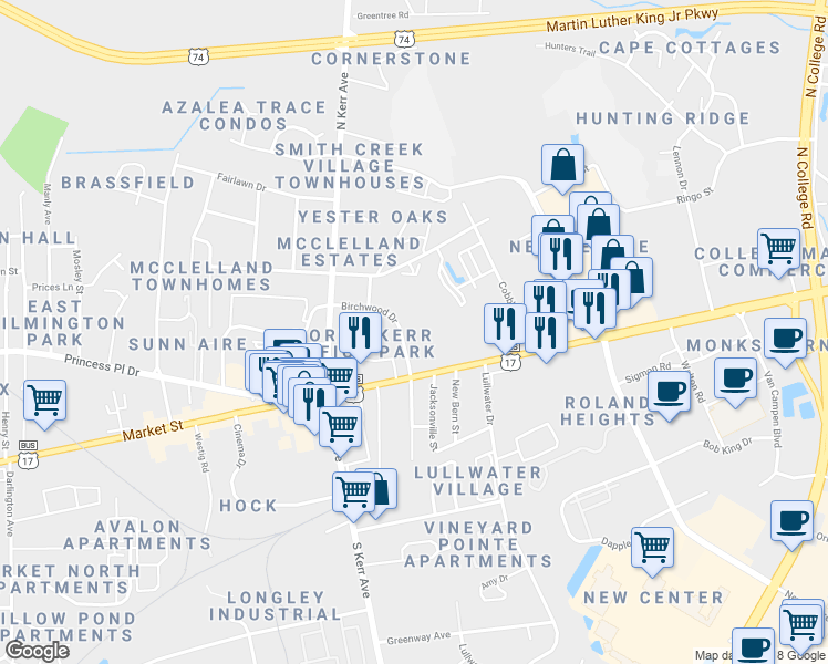 map of restaurants, bars, coffee shops, grocery stores, and more near 4713 Market Street in Wilmington