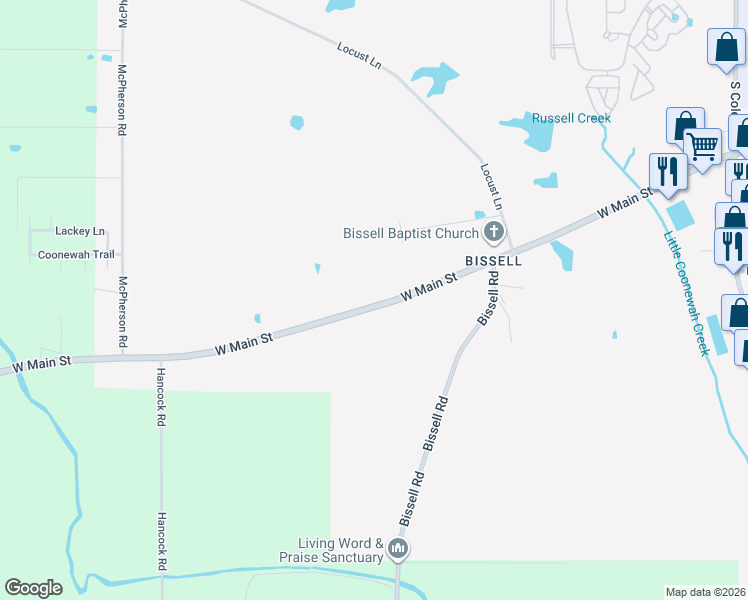 map of restaurants, bars, coffee shops, grocery stores, and more near 4799-4803 West Main Street in Tupelo
