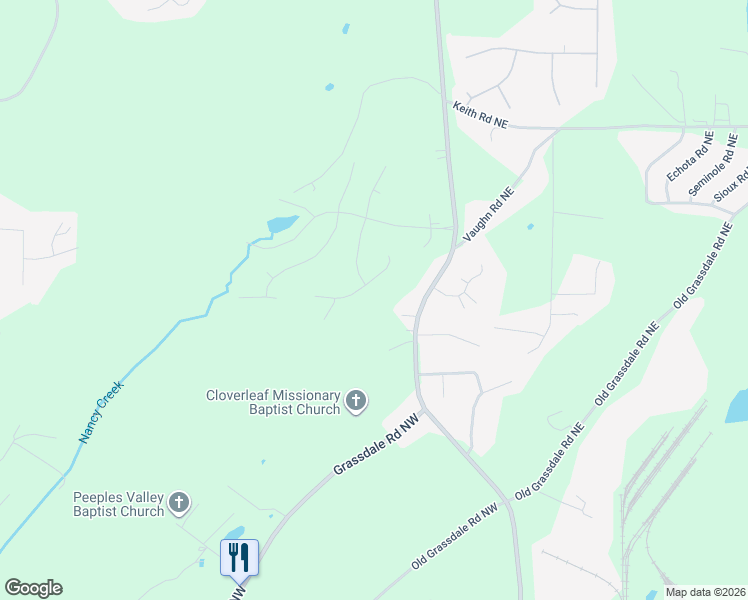 map of restaurants, bars, coffee shops, grocery stores, and more near 23 Ridgeline Way in Cartersville