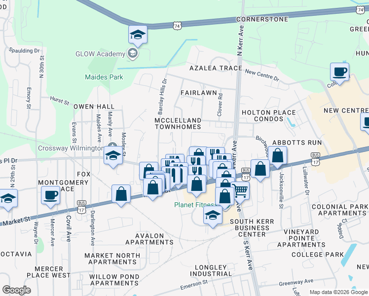 map of restaurants, bars, coffee shops, grocery stores, and more near 309 Saint Rosea Road in Wilmington