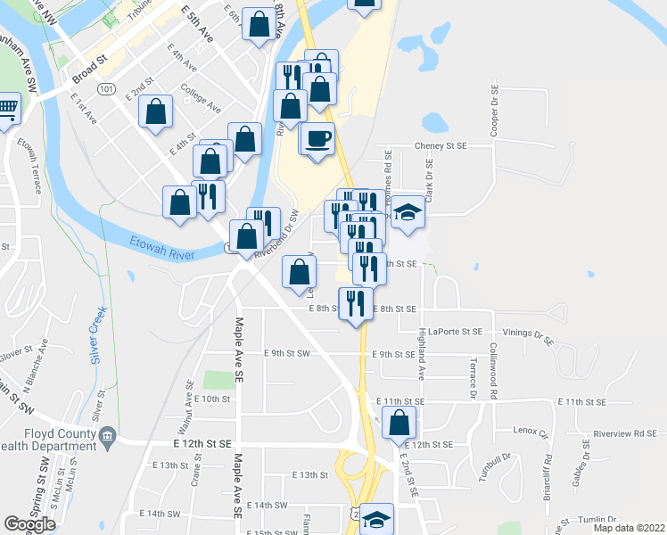 map of restaurants, bars, coffee shops, grocery stores, and more near 312 East 7th Street Southwest in Rome