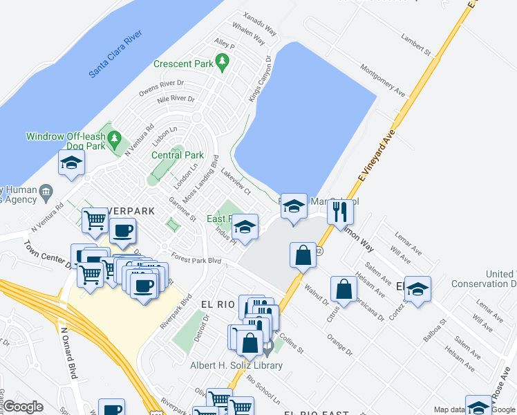 map of restaurants, bars, coffee shops, grocery stores, and more near 326 Lakeview Court in Oxnard