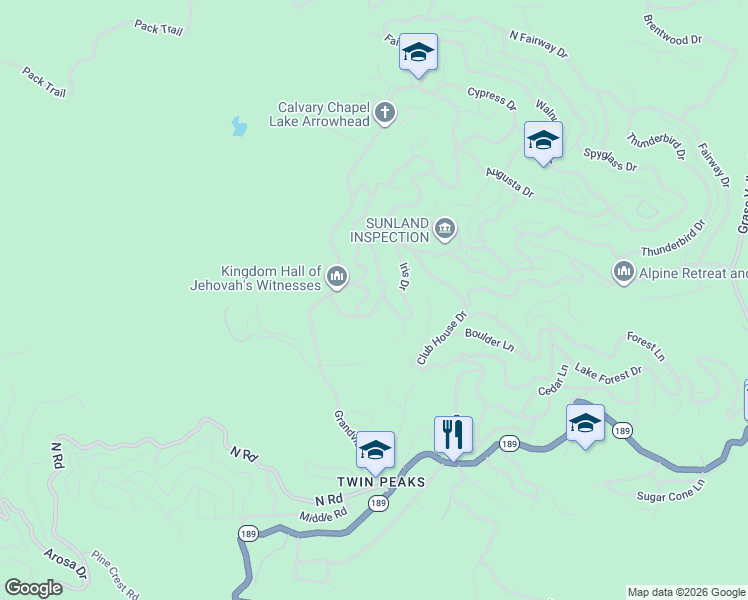 map of restaurants, bars, coffee shops, grocery stores, and more near 305 Cedarbrook Drive in Lake Arrowhead