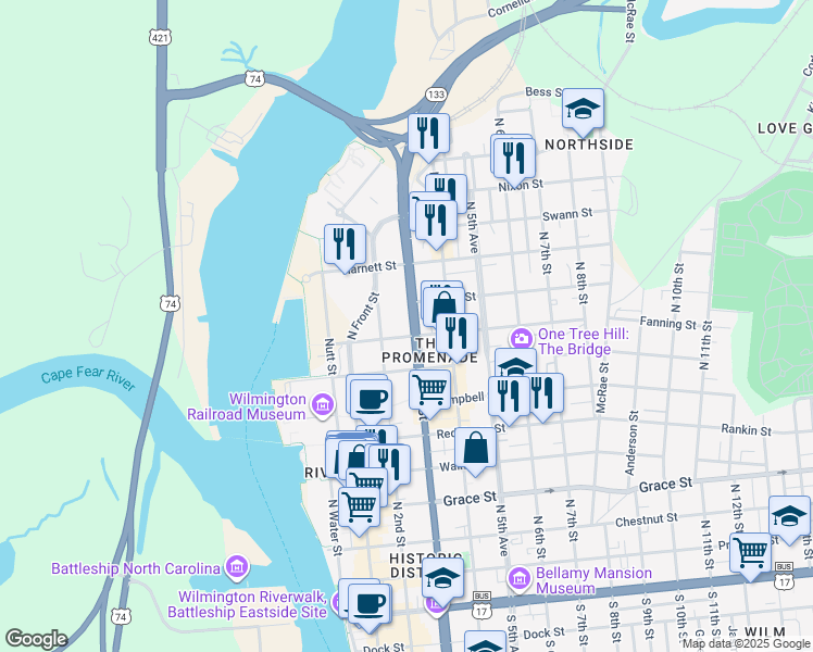 map of restaurants, bars, coffee shops, grocery stores, and more near 805 North 3rd Street in Wilmington