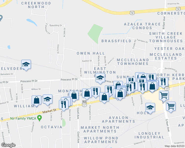 map of restaurants, bars, coffee shops, grocery stores, and more near 407 Maides Avenue in Wilmington