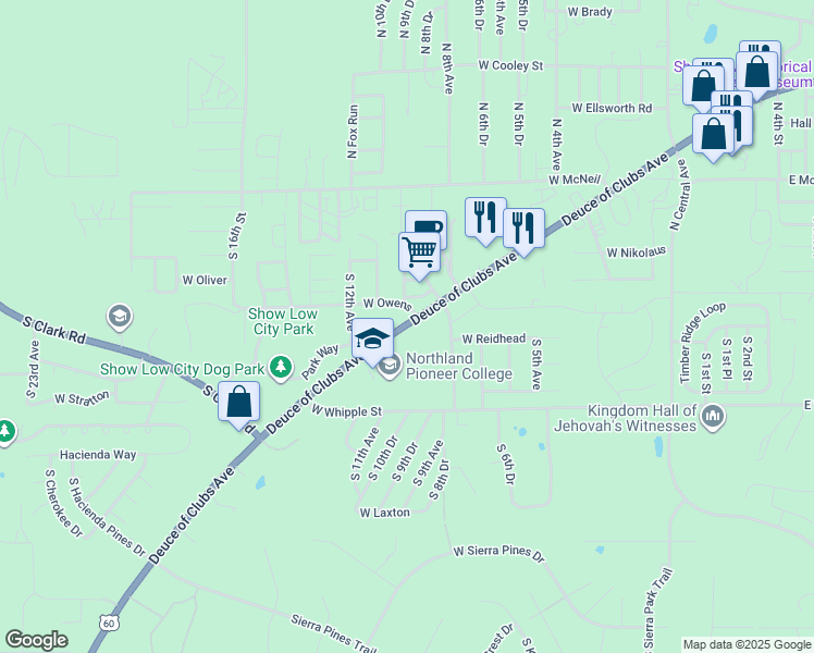 map of restaurants, bars, coffee shops, grocery stores, and more near 1001 West Deuce of Clubs in Show Low