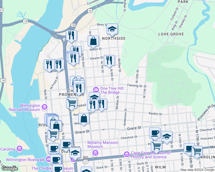map of restaurants, bars, coffee shops, grocery stores, and more near 708 Brunswick Street in Wilmington