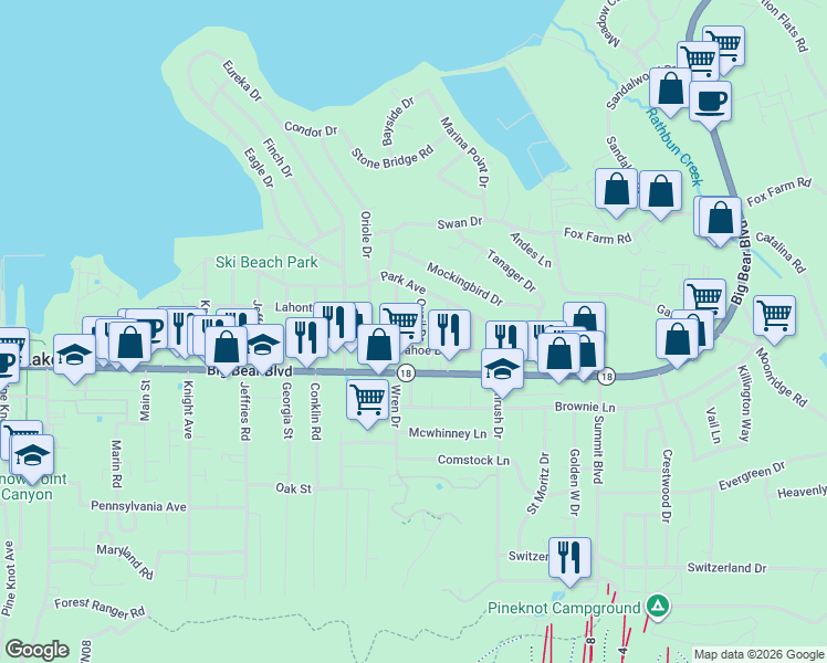 map of restaurants, bars, coffee shops, grocery stores, and more near 430 Quail Drive in Big Bear Lake