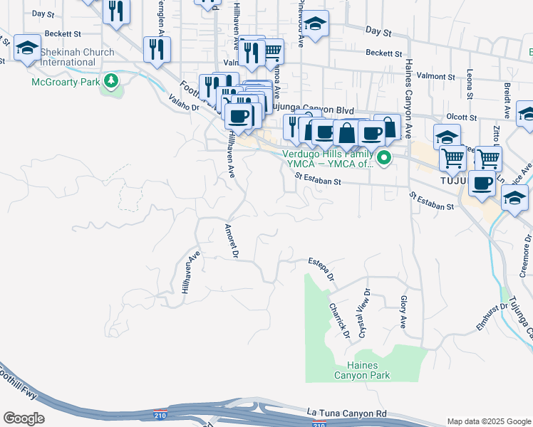 map of restaurants, bars, coffee shops, grocery stores, and more near Parcher Trail in Los Angeles