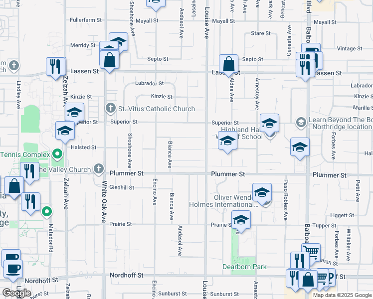 map of restaurants, bars, coffee shops, grocery stores, and more near 17403 Halsted Street in Los Angeles