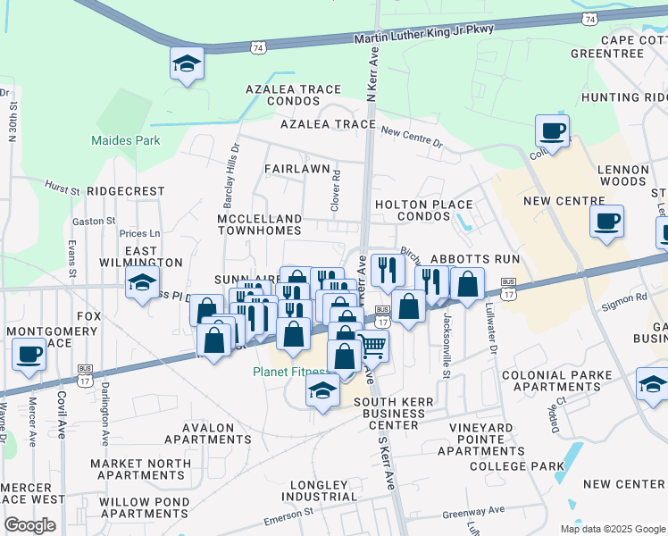 map of restaurants, bars, coffee shops, grocery stores, and more near 4375 Birchwood Drive in Wilmington