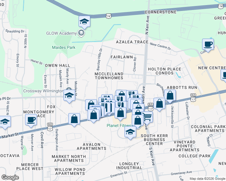 map of restaurants, bars, coffee shops, grocery stores, and more near 309 Saint Rosea Road in Wilmington