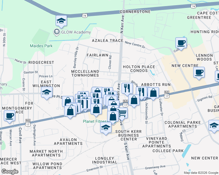 map of restaurants, bars, coffee shops, grocery stores, and more near 4375 Birchwood Drive in Wilmington