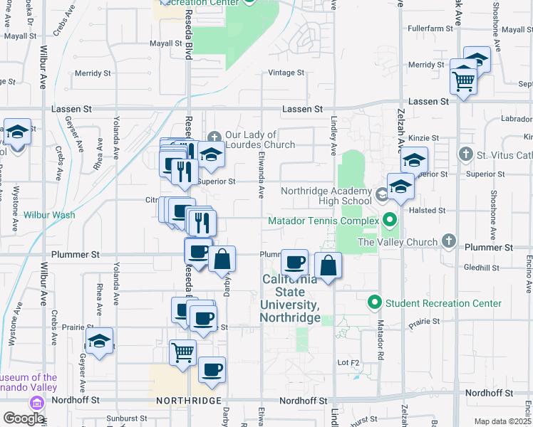 map of restaurants, bars, coffee shops, grocery stores, and more near 18259 Halsted Street in Los Angeles