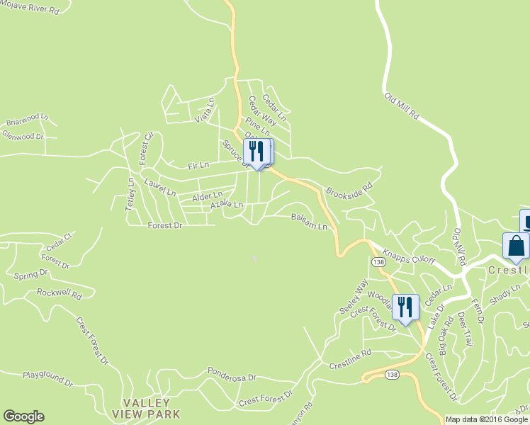 map of restaurants, bars, coffee shops, grocery stores, and more near 465 Redwood Drive in Crestline