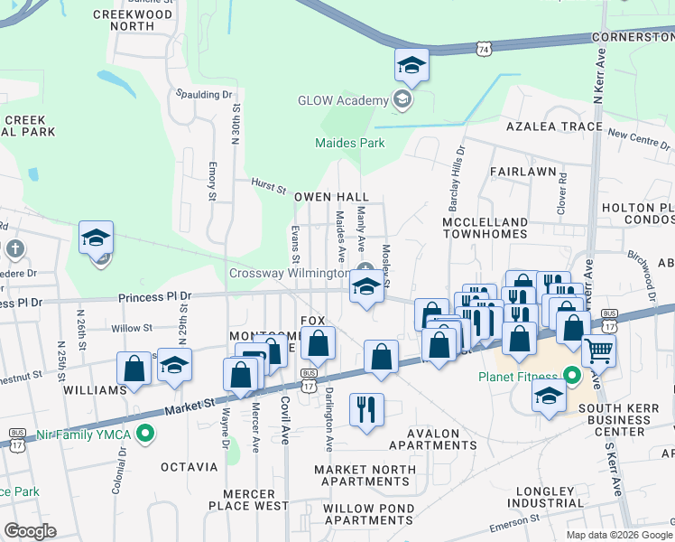 map of restaurants, bars, coffee shops, grocery stores, and more near 407 Maides Avenue in Wilmington