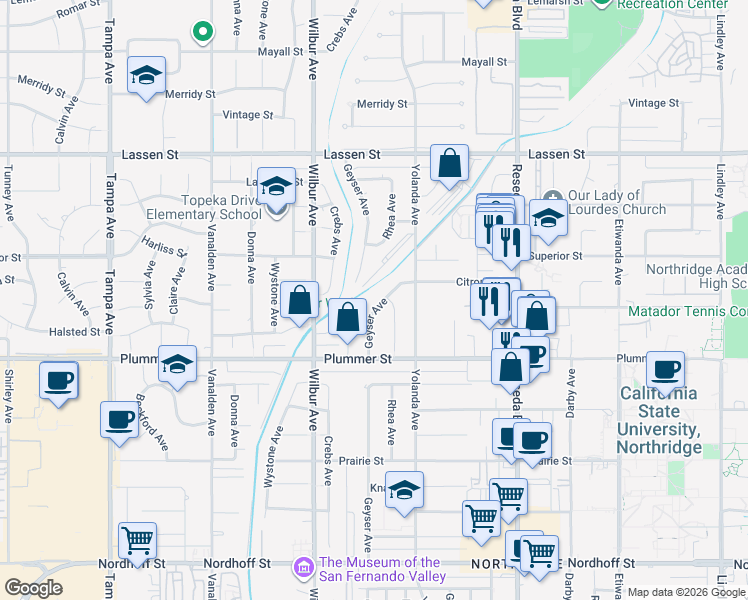 map of restaurants, bars, coffee shops, grocery stores, and more near 9559 Geyser Avenue in Los Angeles