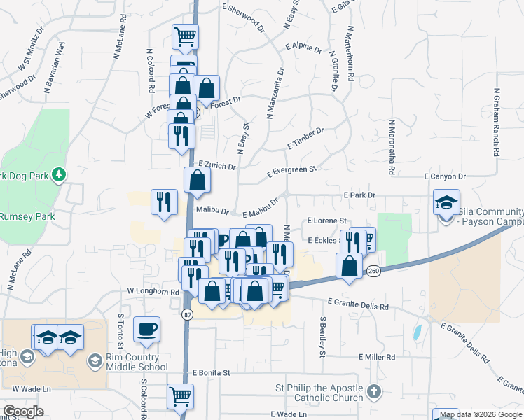 map of restaurants, bars, coffee shops, grocery stores, and more near East Malibu Drive in Payson
