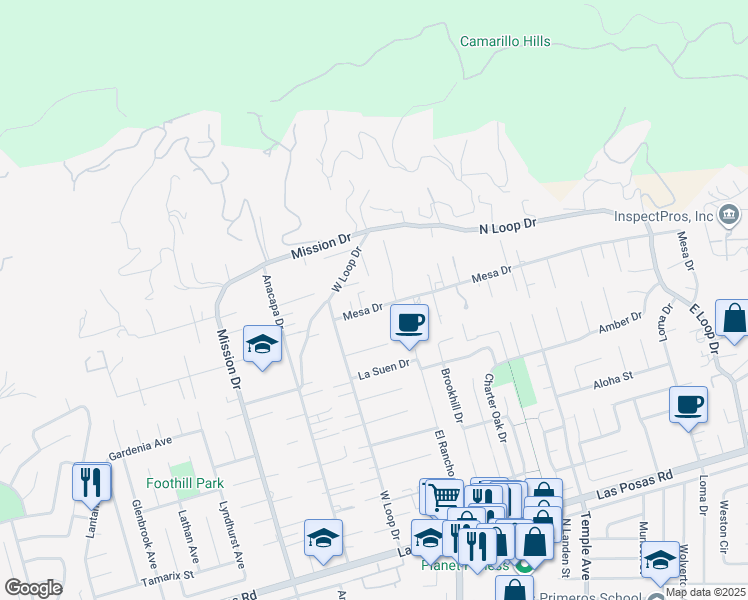 map of restaurants, bars, coffee shops, grocery stores, and more near 155 Mesa Drive in Camarillo