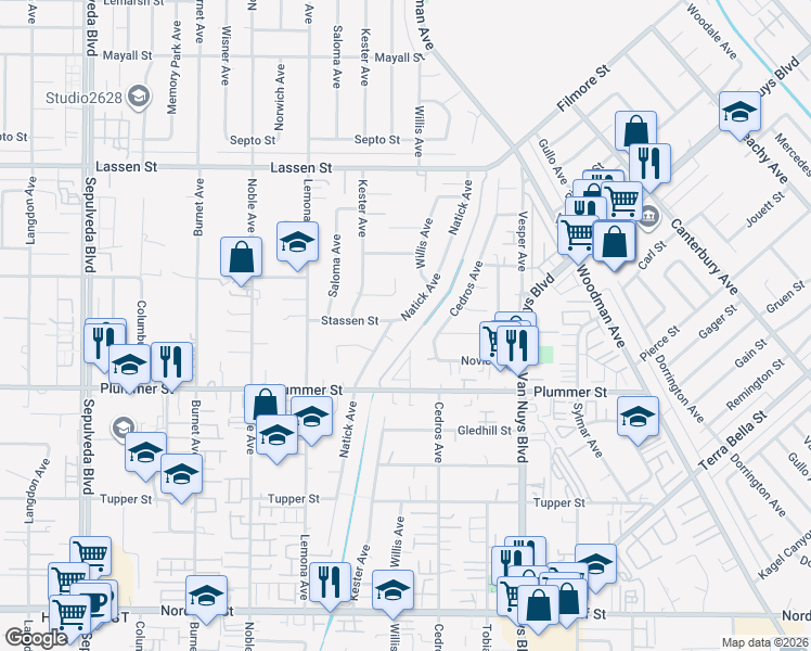 map of restaurants, bars, coffee shops, grocery stores, and more near 9628 Natick Avenue in Los Angeles